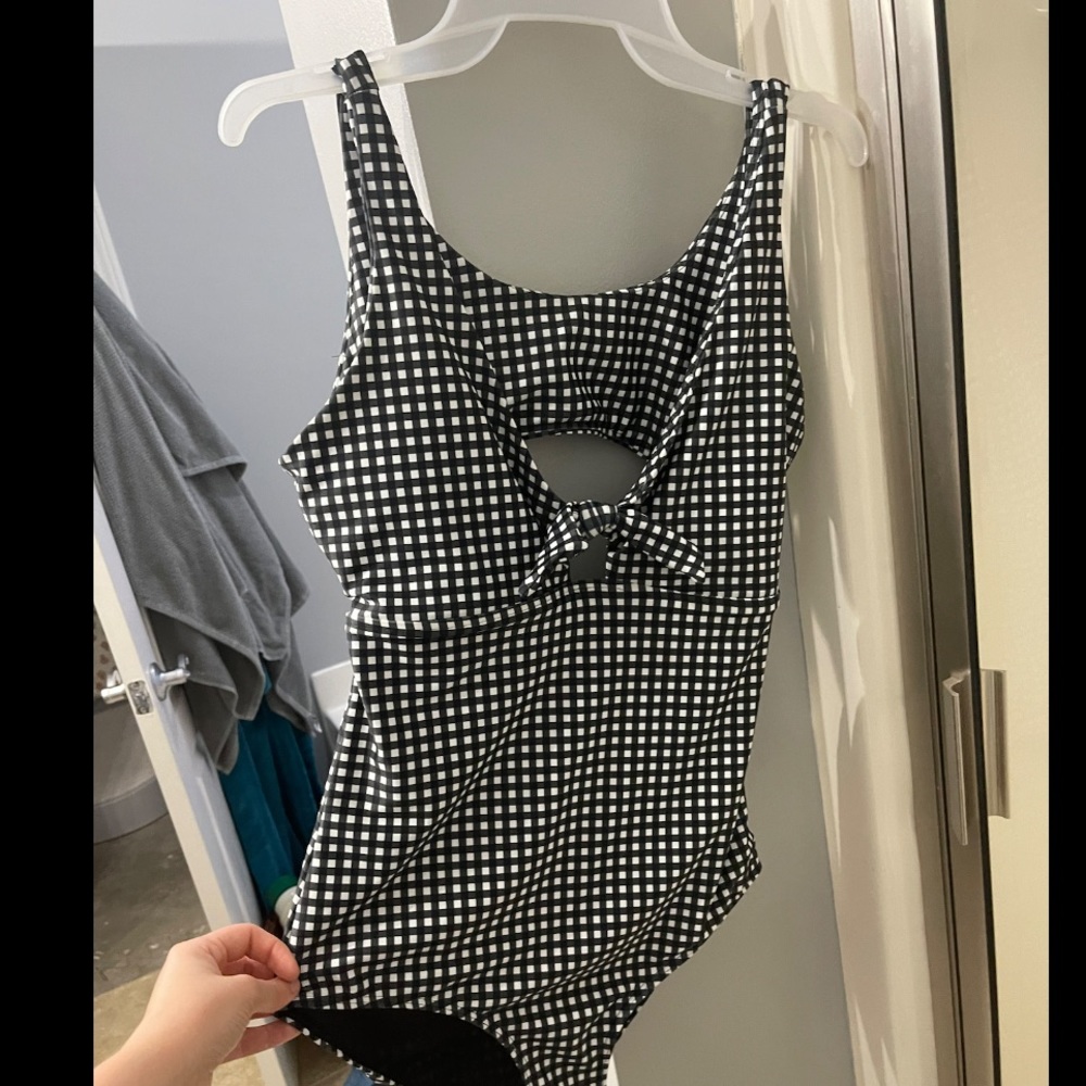 Albion Fit black checker top knot one piece swim